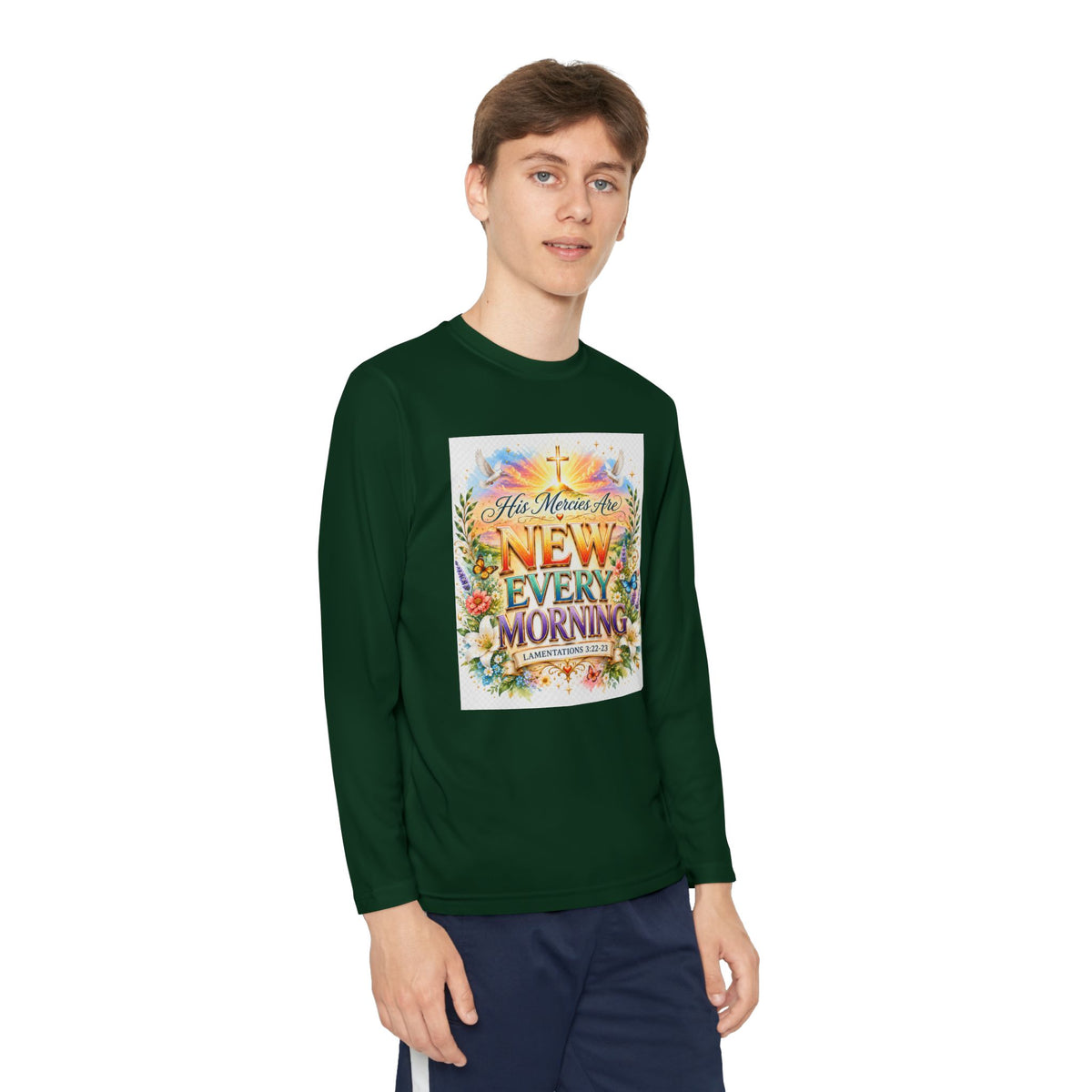 Christian Kids Long Sleeve T-Shirt – "His Mercies Are New Every Morning" Floral Inspirational Youth Tee
