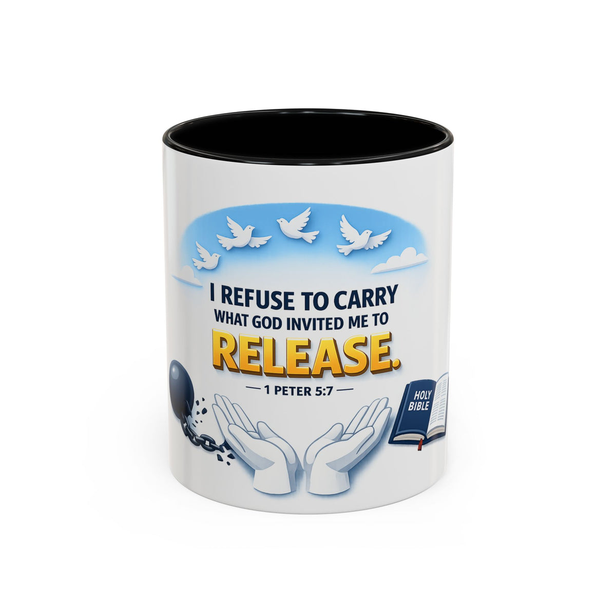 Christian Bible Verse Accent Mug – "Cast Your Burdens" 1 Peter 5:7 Inspirational Coffee Cup (11oz & 15oz)
