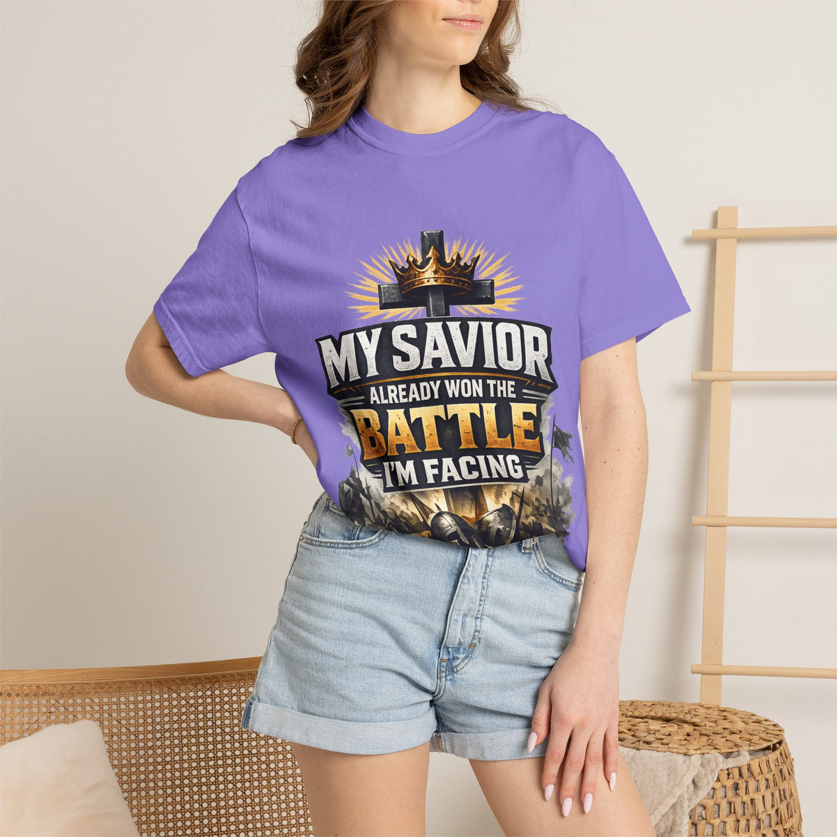 Christian Faith T-Shirt – "My Savior Already Won the Battle I'm Facing" Garment-Dyed Graphic Tee
