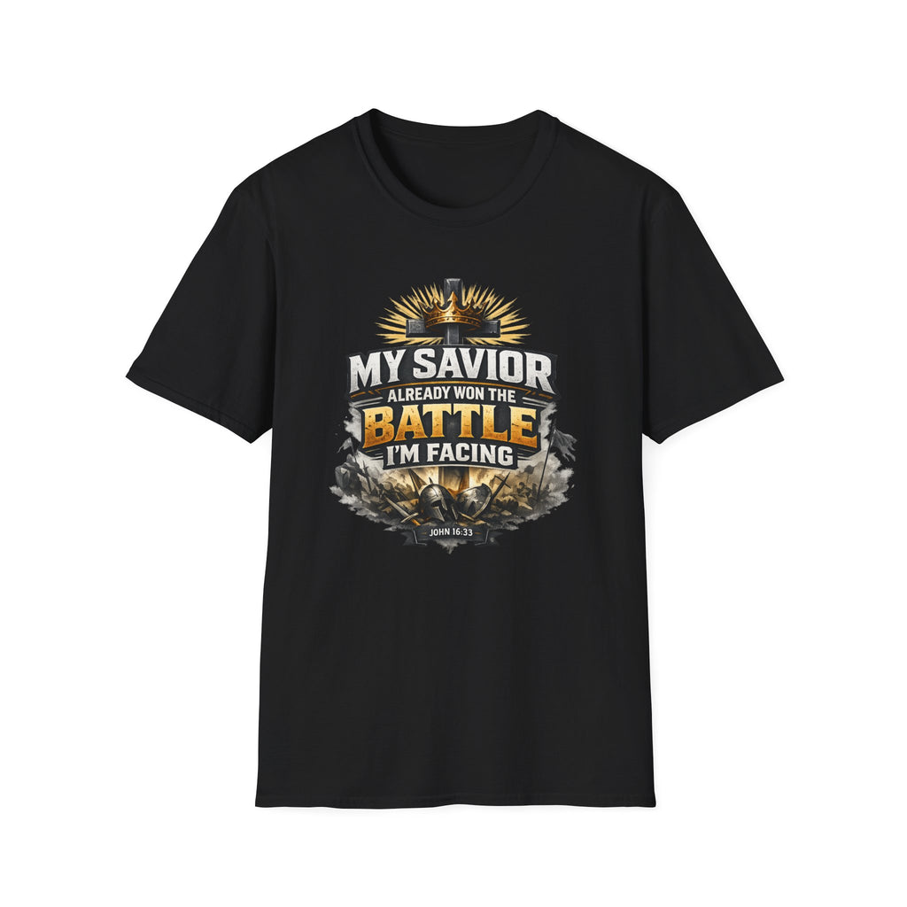 Christian Graphic T-Shirt – "My Savior Already Won the Battle I'm Facing" Faith Crest Tee