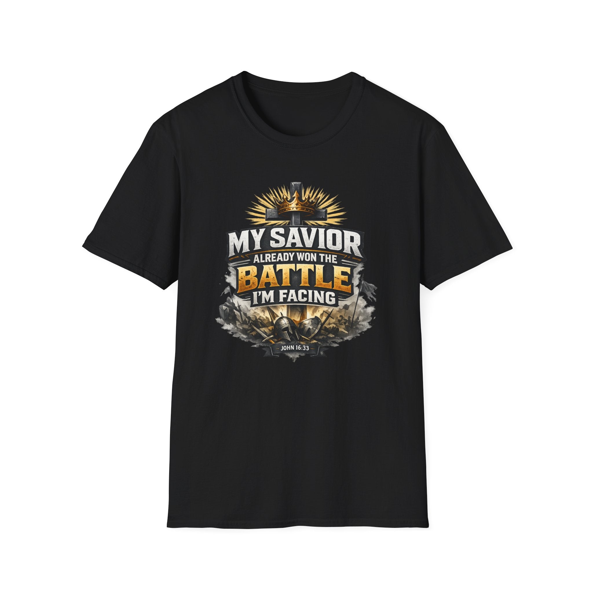 Christian Graphic T-Shirt – "My Savior Already Won the Battle I'm Facing" Faith Crest Tee