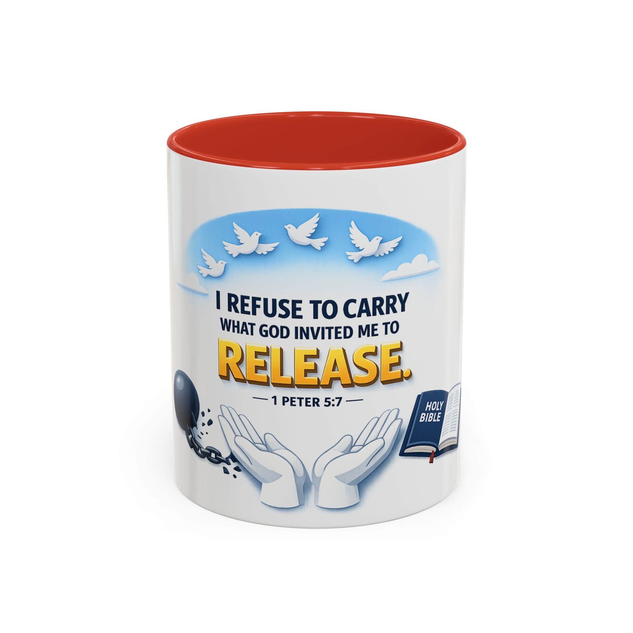Christian Bible Verse Accent Mug – "Cast Your Burdens" 1 Peter 5:7 Inspirational Coffee Cup (11oz & 15oz)