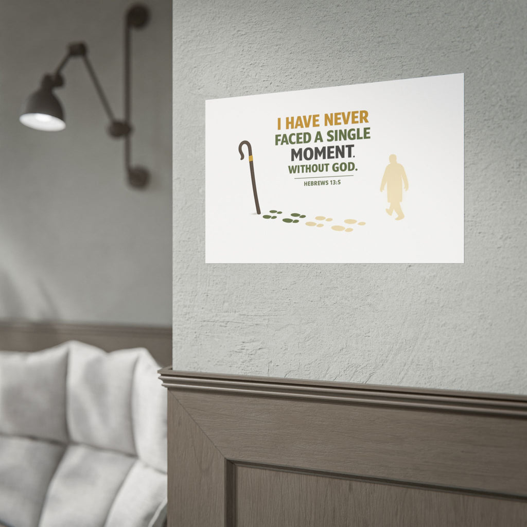 Rolled Poster — "I Have Never Faced a Single Moment Without God" Inspirational Scripture Wall Art (Hebrews 13:5)