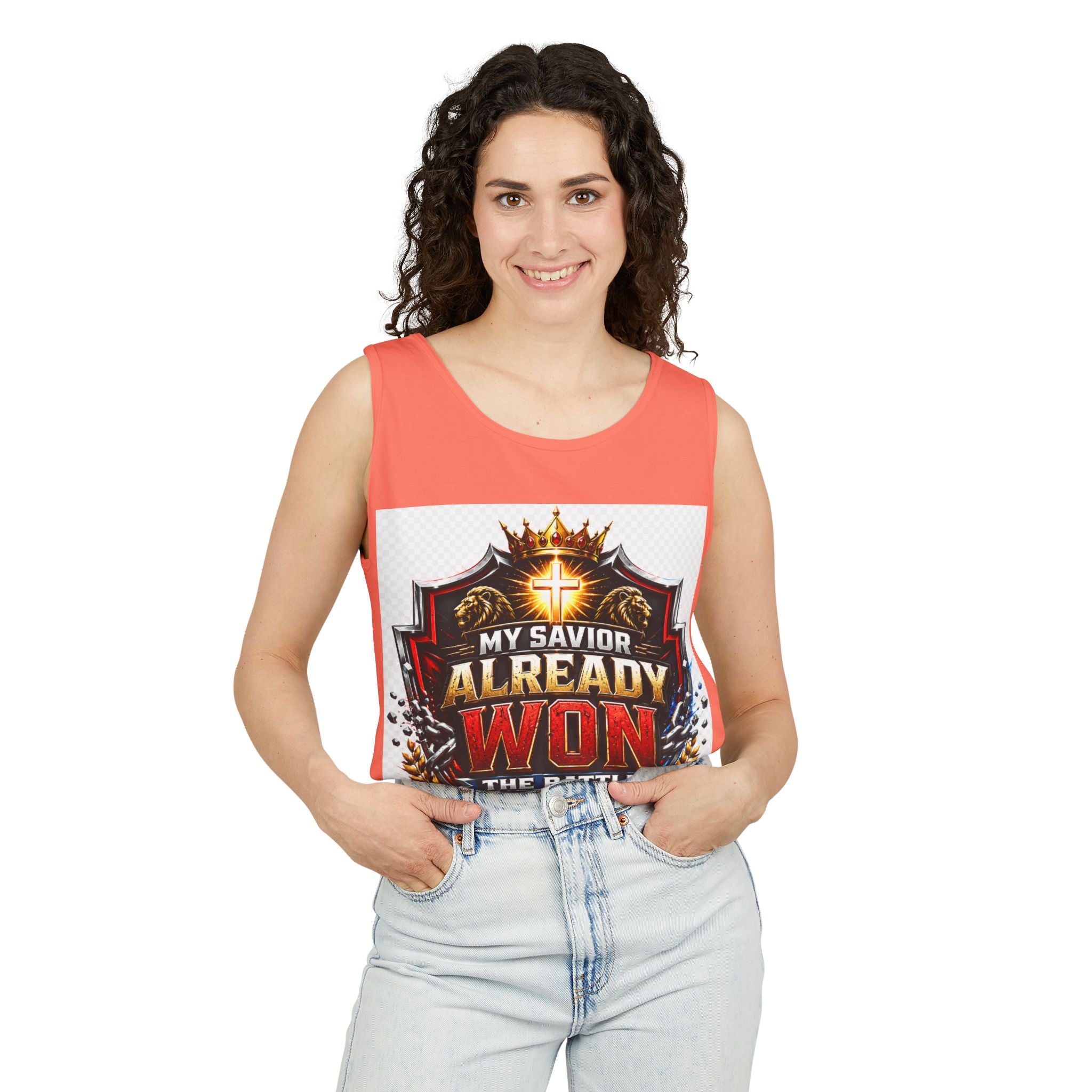 Christian Faith Tank Top — "My Savior Already Won the Battle I'm Facing" Graphic