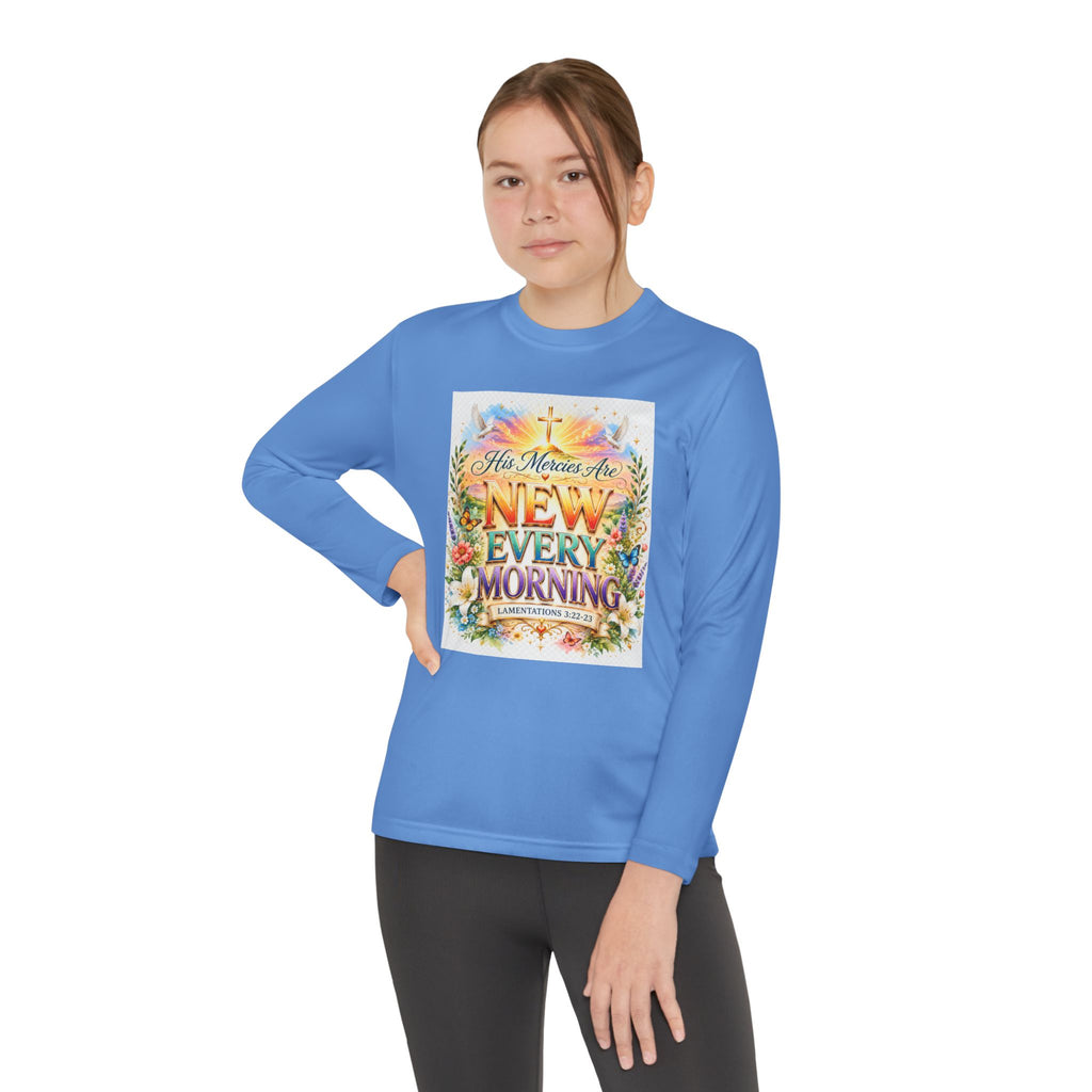 Christian Kids Long Sleeve T-Shirt – "His Mercies Are New Every Morning" Floral Inspirational Youth Tee