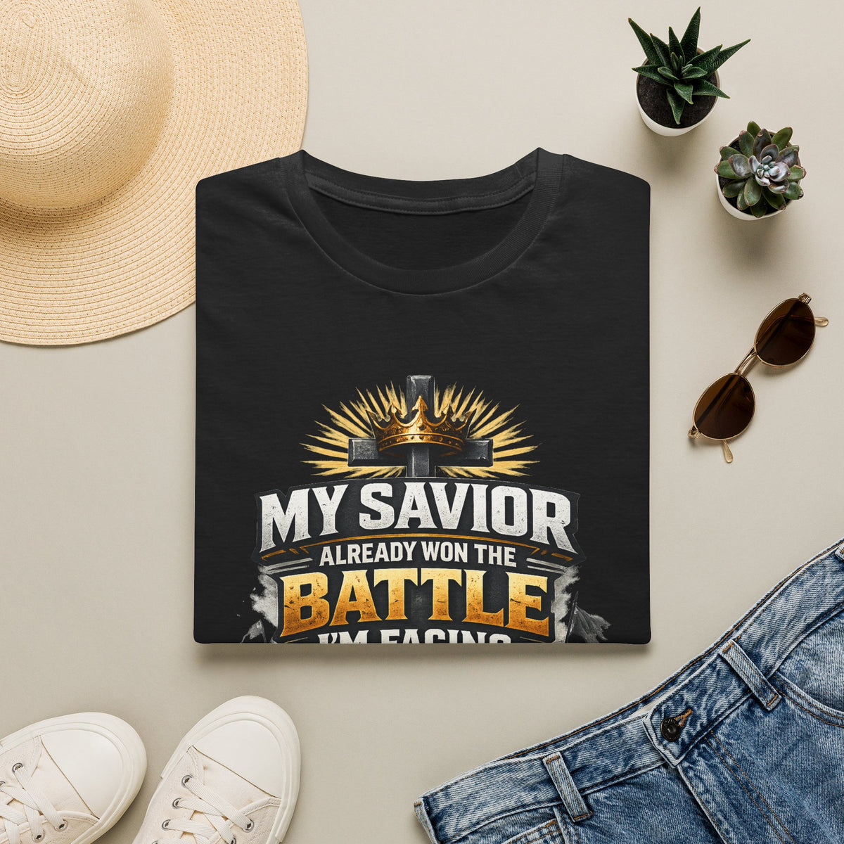 Christian Graphic T-Shirt – "My Savior Already Won the Battle I'm Facing" Faith Crest Tee