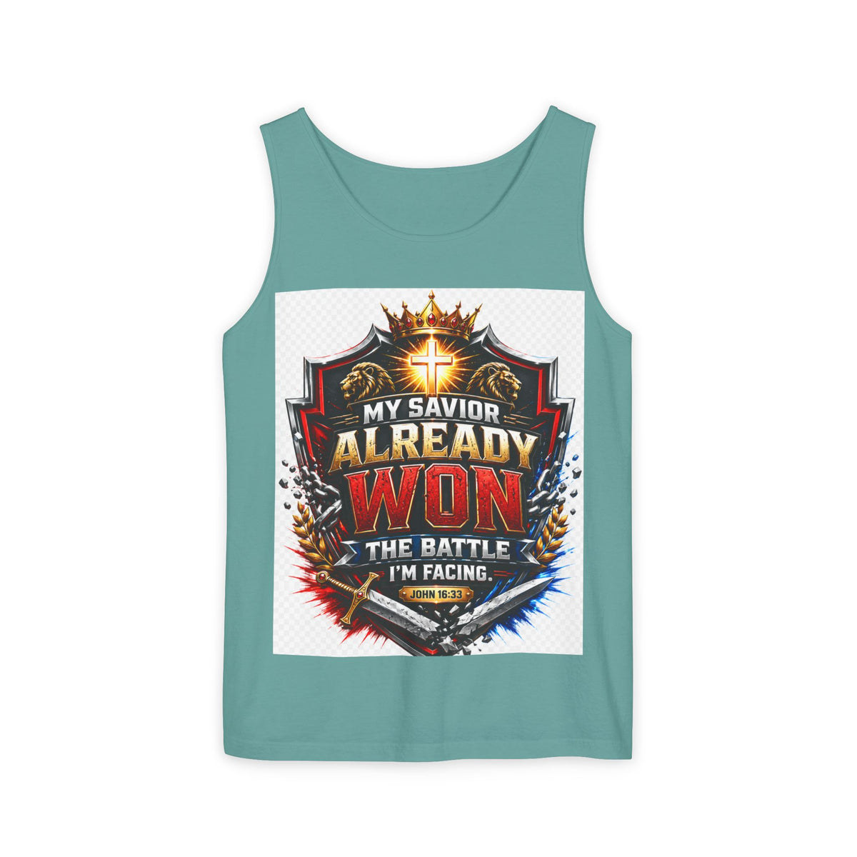 Christian Faith Tank Top — "My Savior Already Won the Battle I'm Facing" Graphic