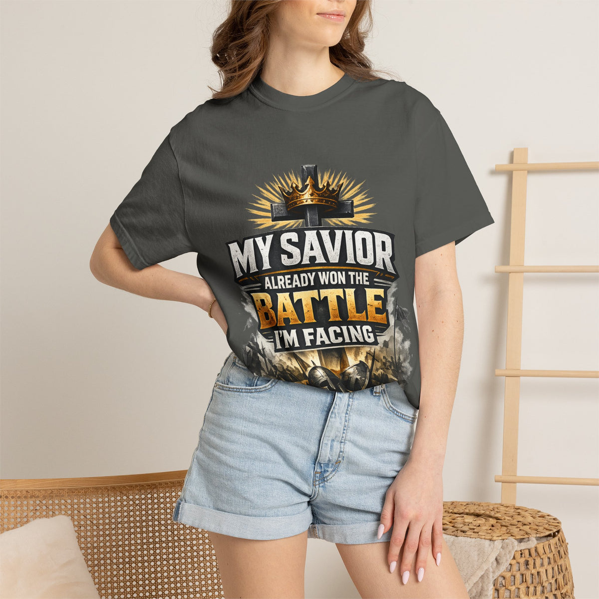 Christian Faith T-Shirt – "My Savior Already Won the Battle I'm Facing" Garment-Dyed Graphic Tee
