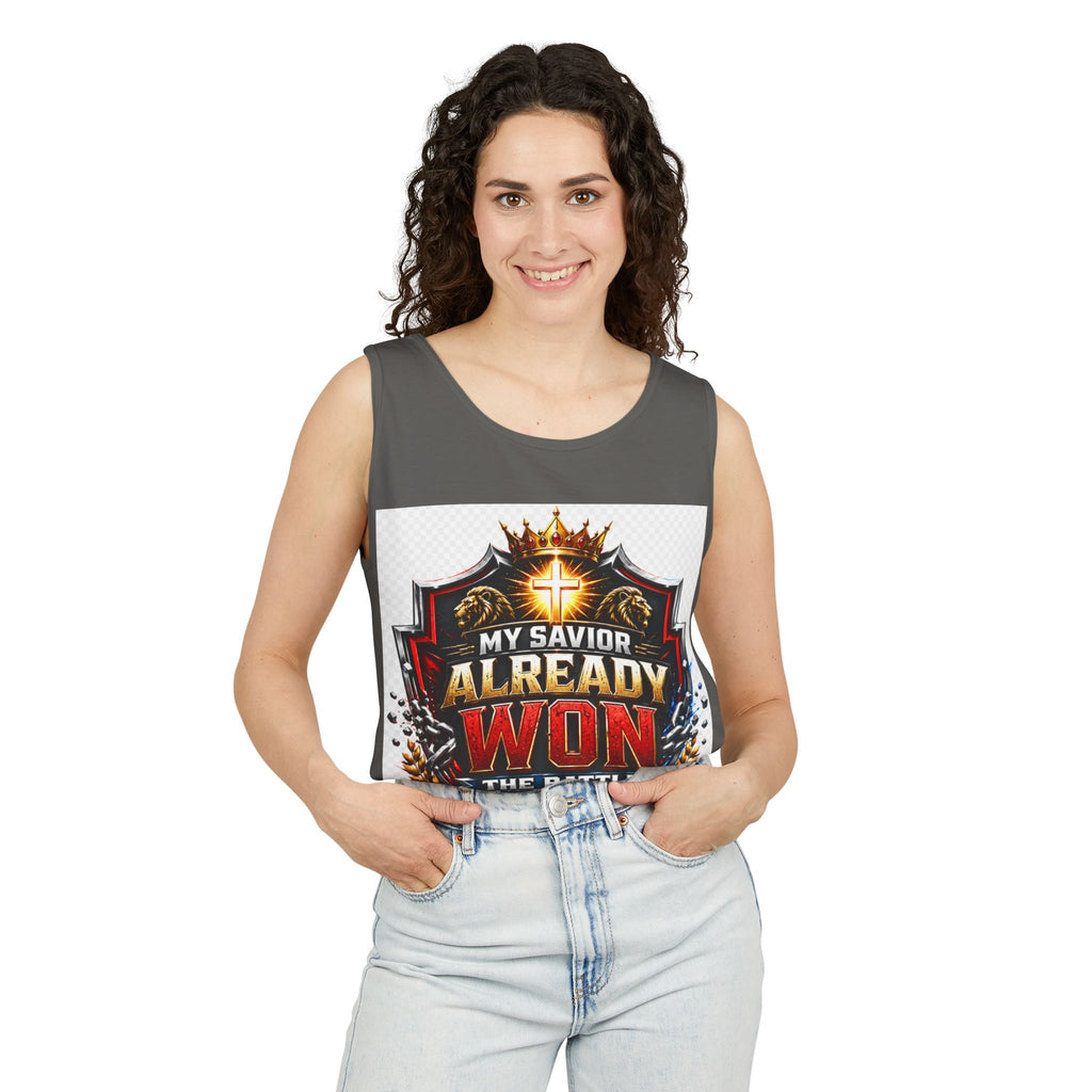 Christian Faith Tank Top — "My Savior Already Won the Battle I'm Facing" Graphic