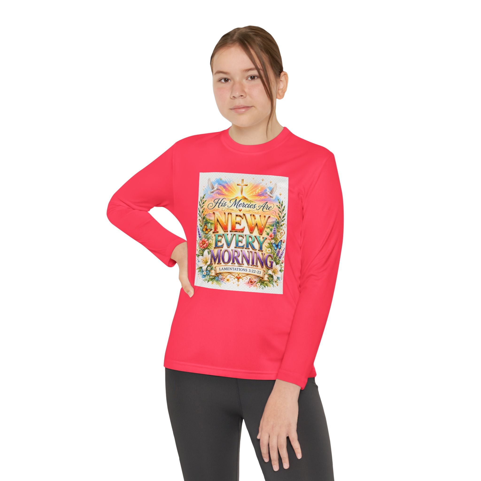 Christian Kids Long Sleeve T-Shirt – "His Mercies Are New Every Morning" Floral Inspirational Youth Tee