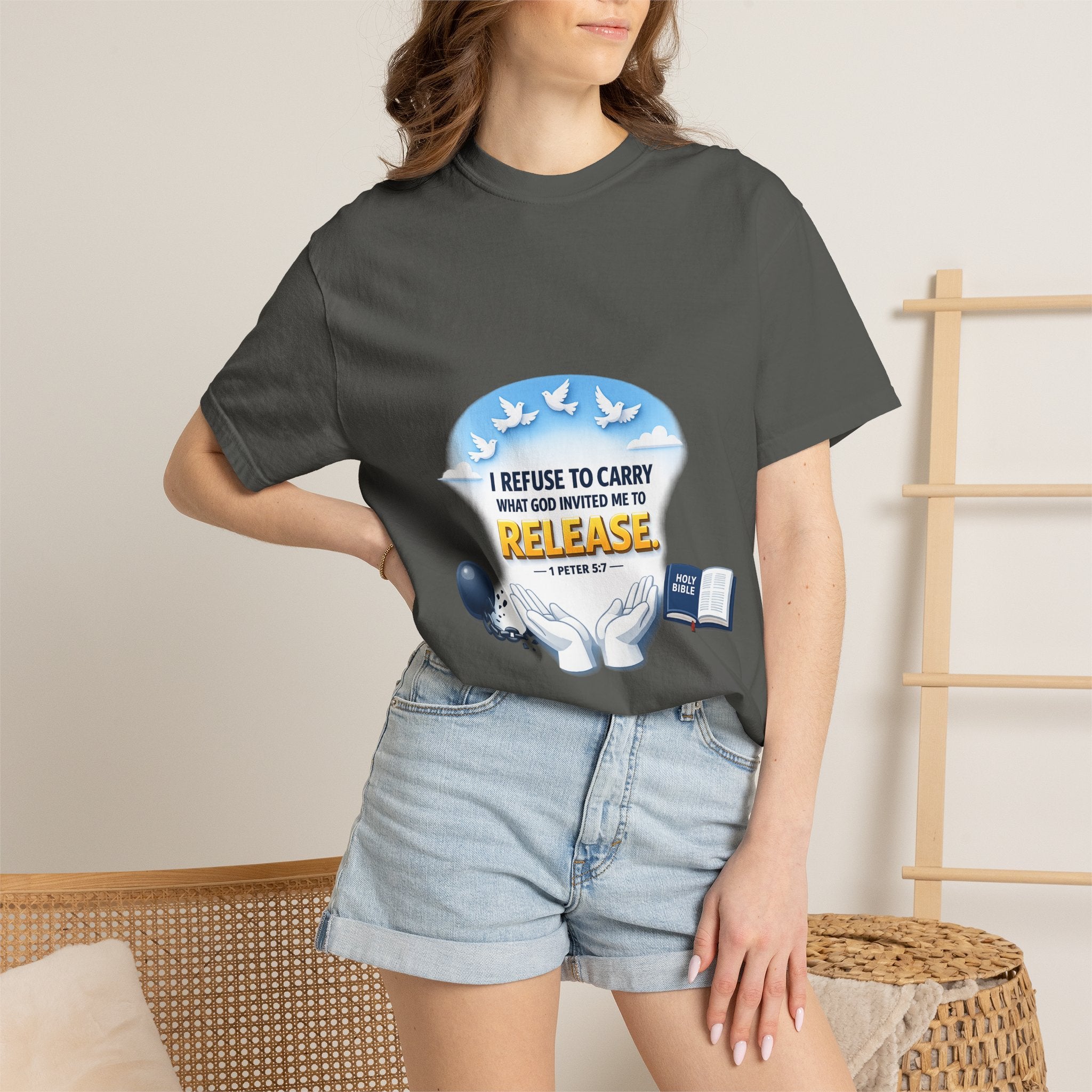 Christian Faith T-Shirt – "I Refuse to Carry What God Invited Me to Release" 1 Peter 5:7 Graphic Tee
