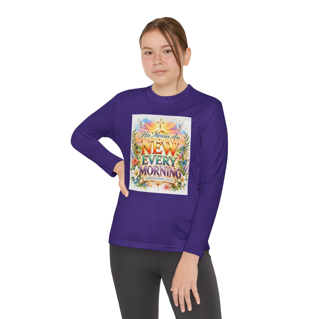 Christian Kids Long Sleeve T-Shirt – "His Mercies Are New Every Morning" Floral Inspirational Youth Tee