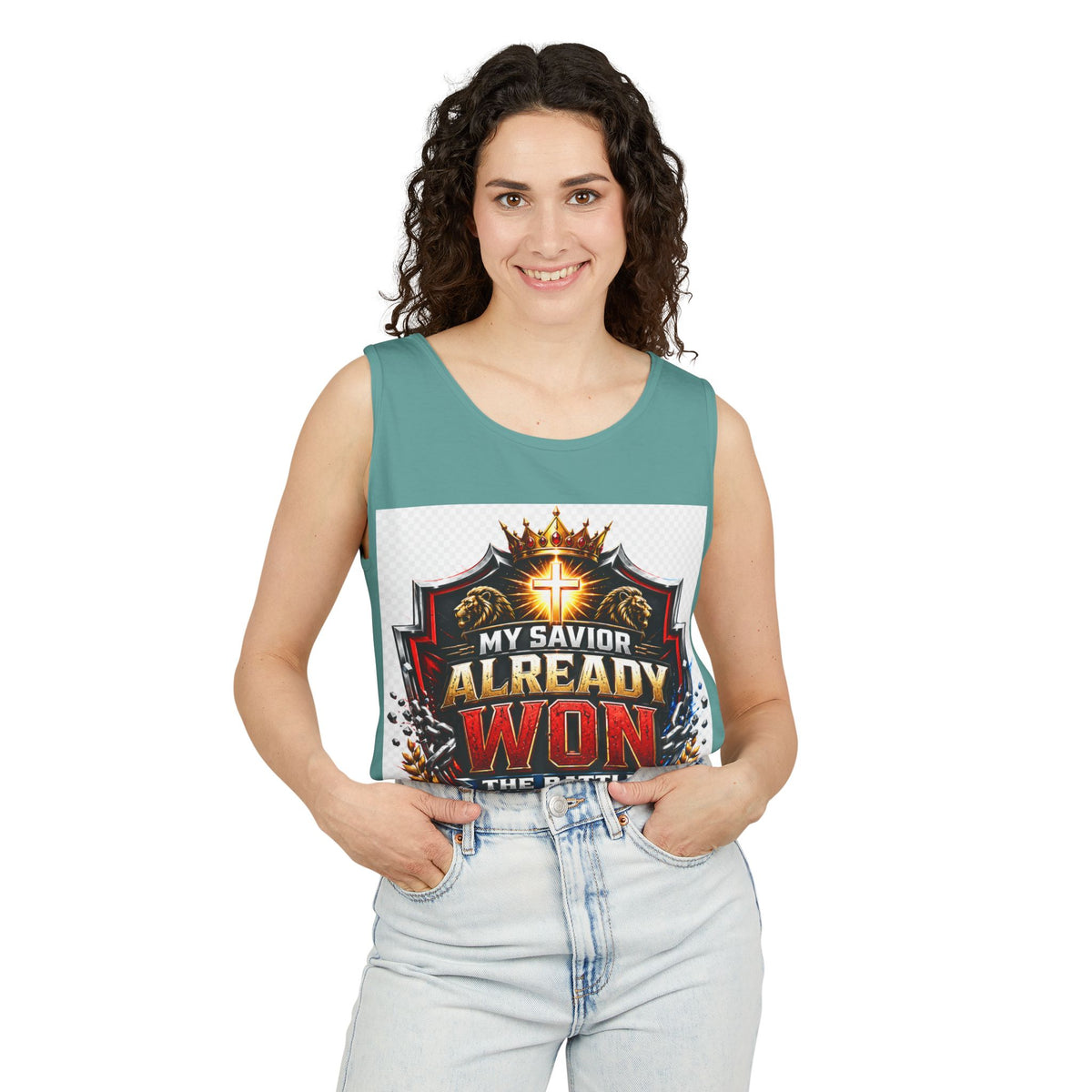 Christian Faith Tank Top — "My Savior Already Won the Battle I'm Facing" Graphic