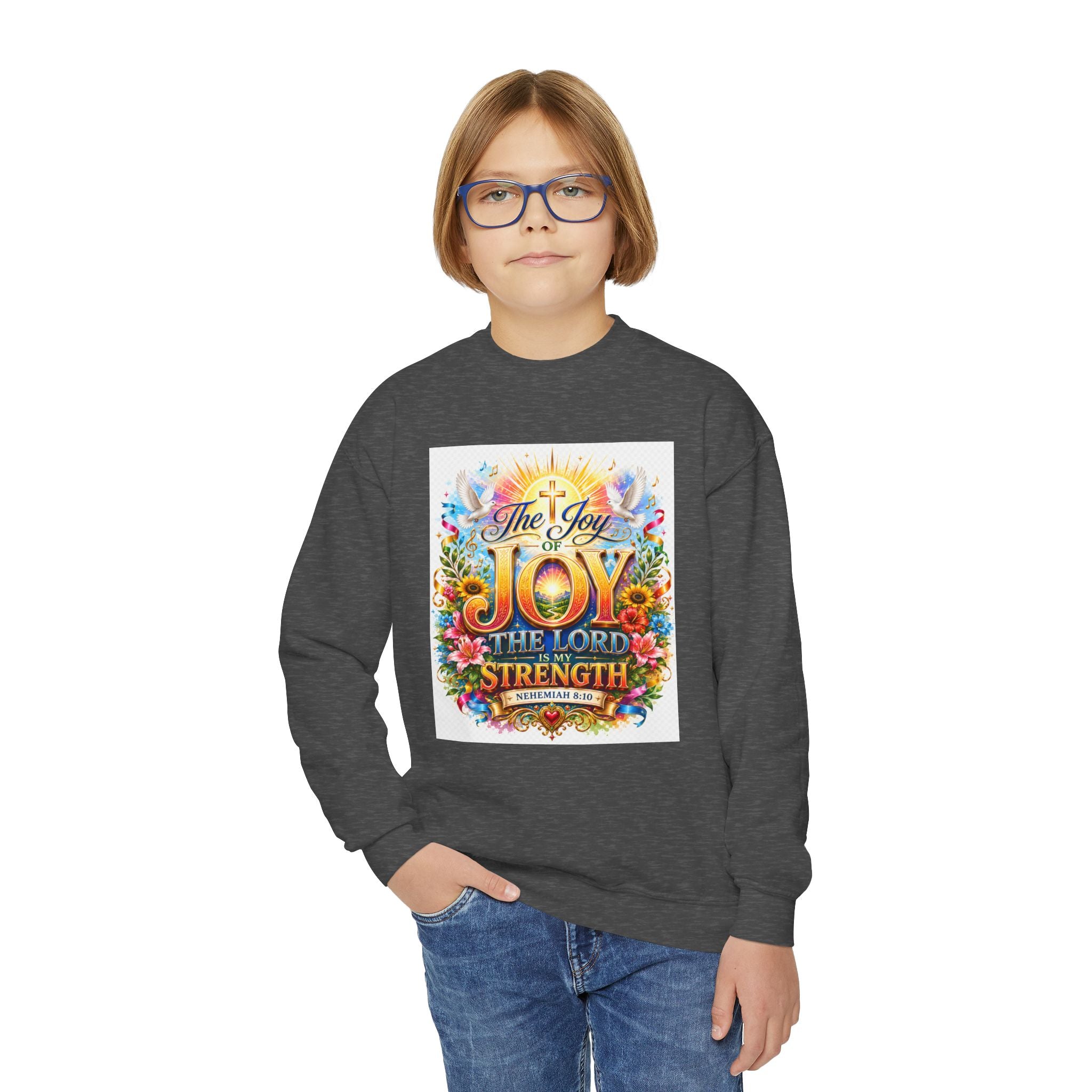 Christian Kids Crewneck Sweatshirt – "The Joy of the Lord Is My Strength" Colorful Floral Faith Pullover