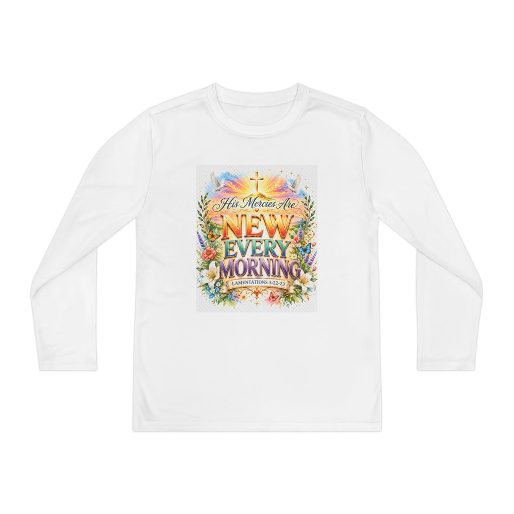 Christian Kids Long Sleeve T-Shirt – "His Mercies Are New Every Morning" Floral Inspirational Youth Tee