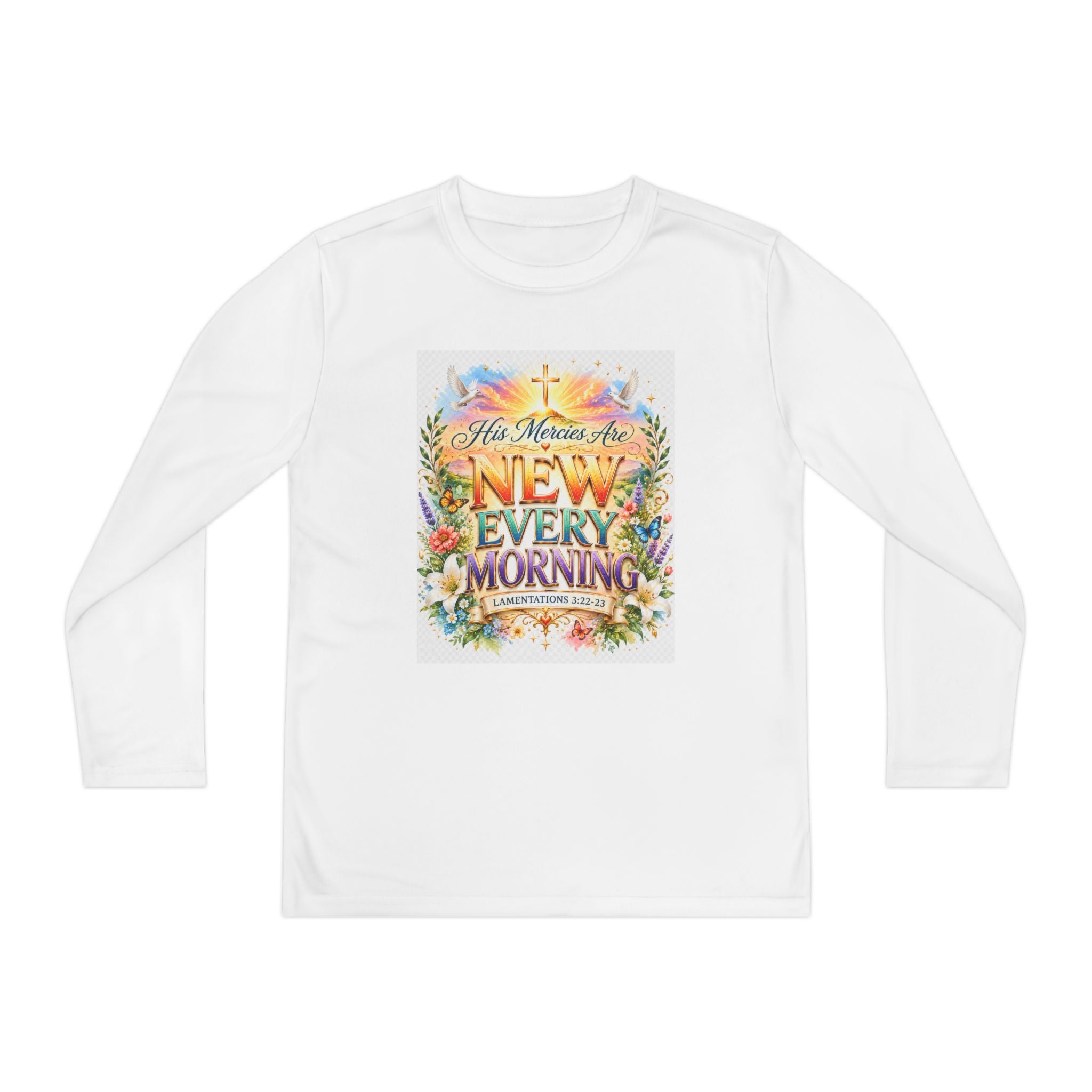 Christian Kids Long Sleeve T-Shirt – "His Mercies Are New Every Morning" Floral Inspirational Youth Tee