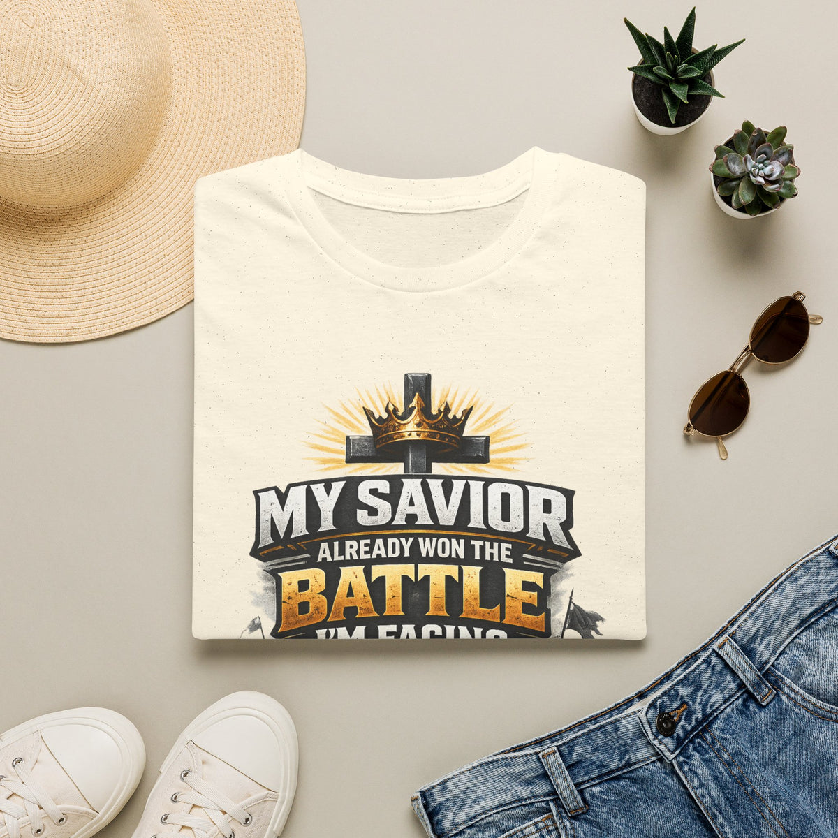 Christian Graphic T-Shirt – "My Savior Already Won the Battle I'm Facing" Faith Crest Tee