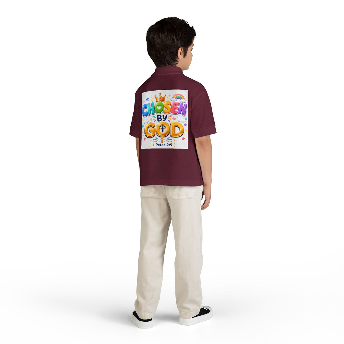 Christian Kids Polo Shirt – "Chosen by God" 1 Peter 2:9 Youth Scripture Tee