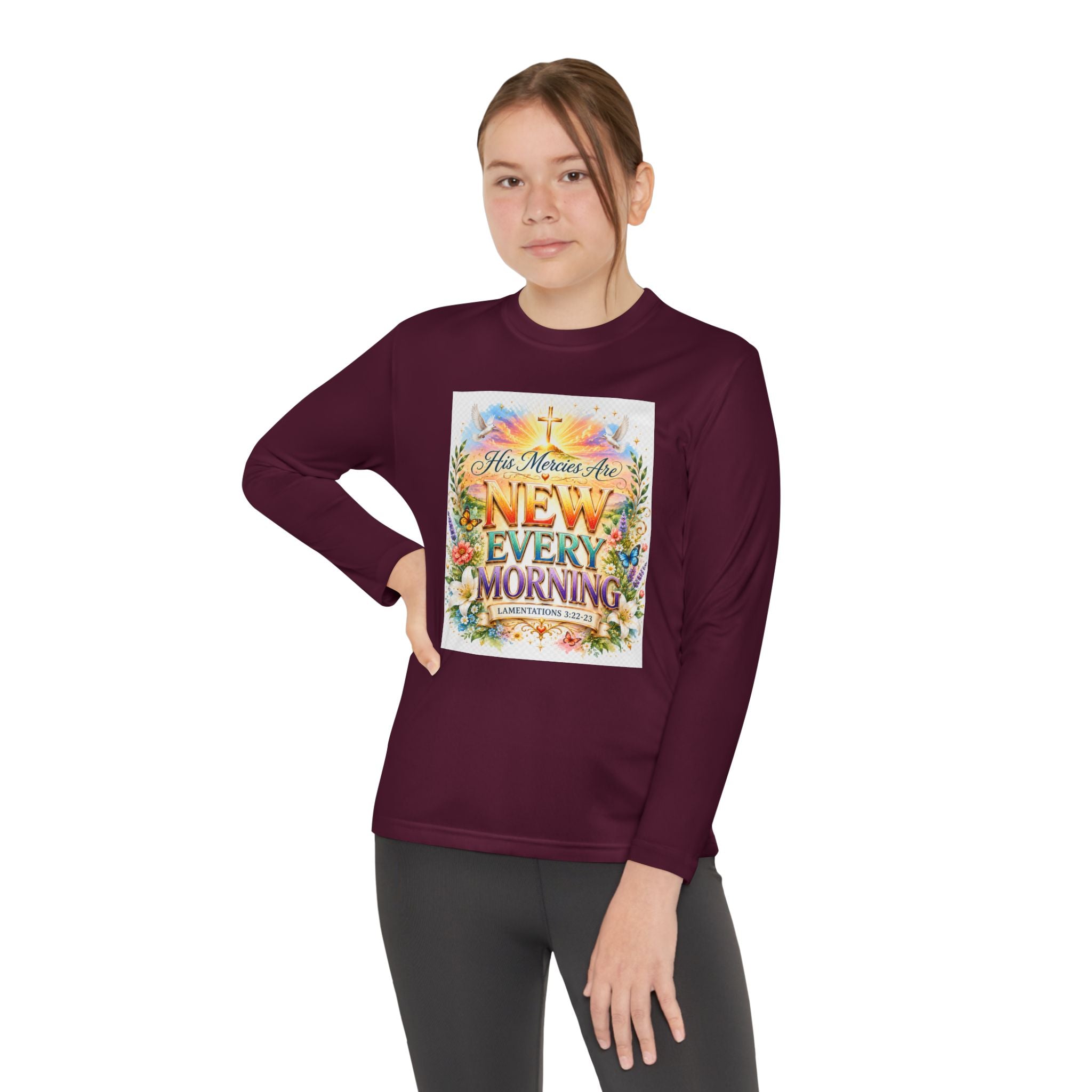 Christian Kids Long Sleeve T-Shirt – "His Mercies Are New Every Morning" Floral Inspirational Youth Tee