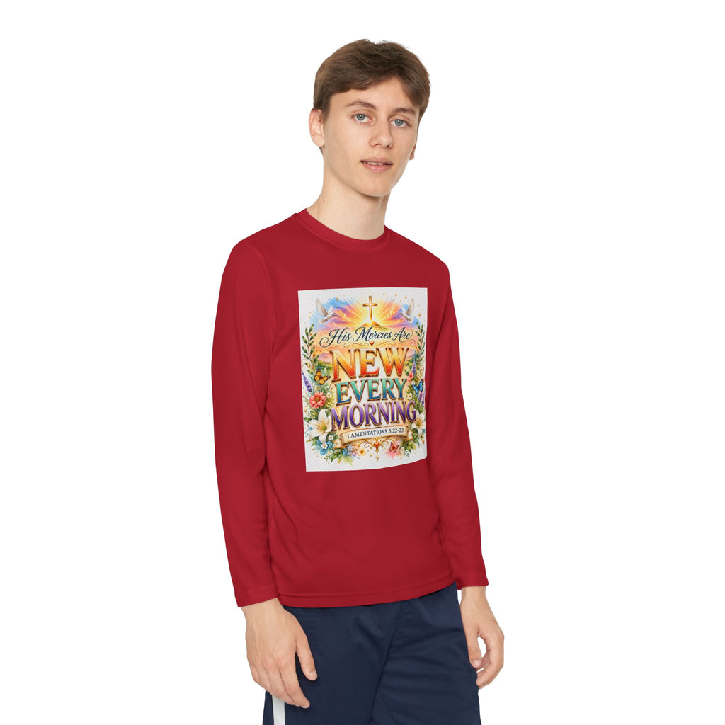 Christian Kids Long Sleeve T-Shirt – "His Mercies Are New Every Morning" Floral Inspirational Youth Tee