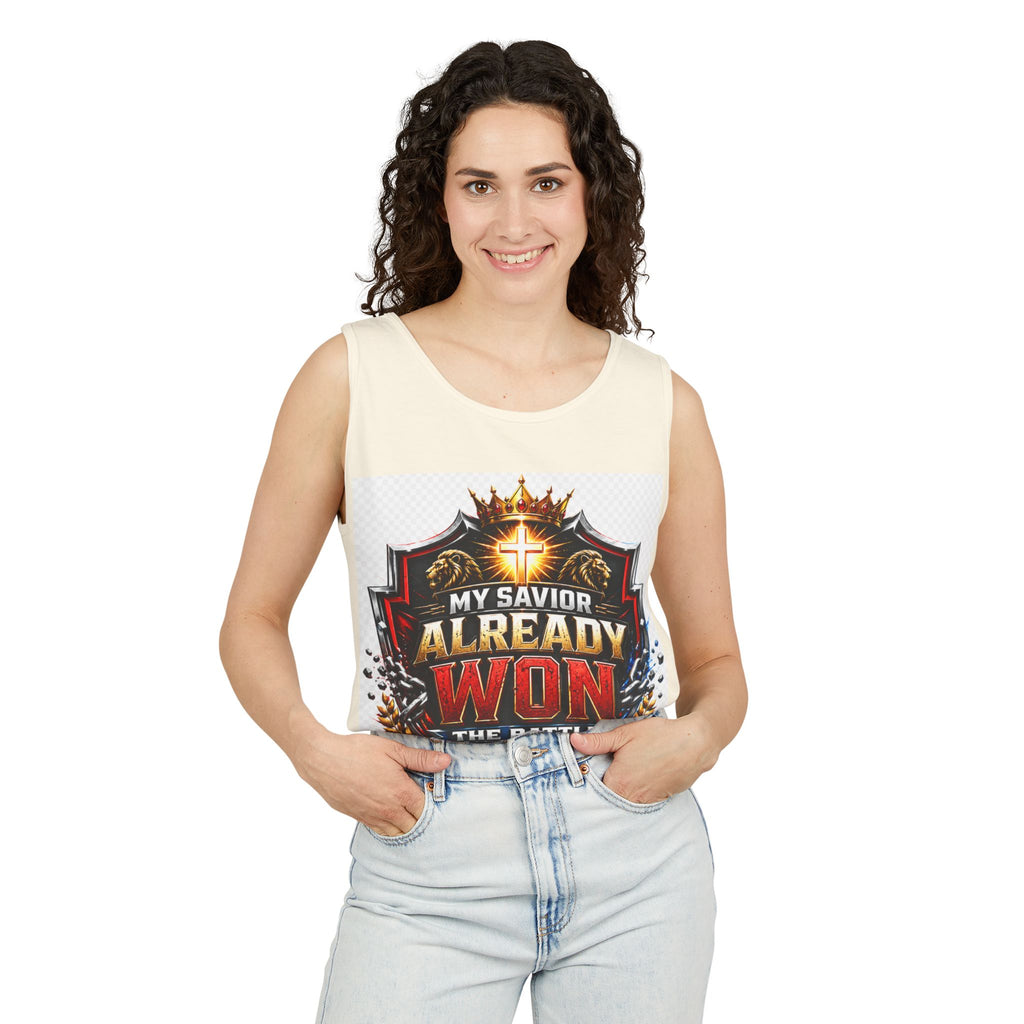 Christian Faith Tank Top — "My Savior Already Won the Battle I'm Facing" Graphic
