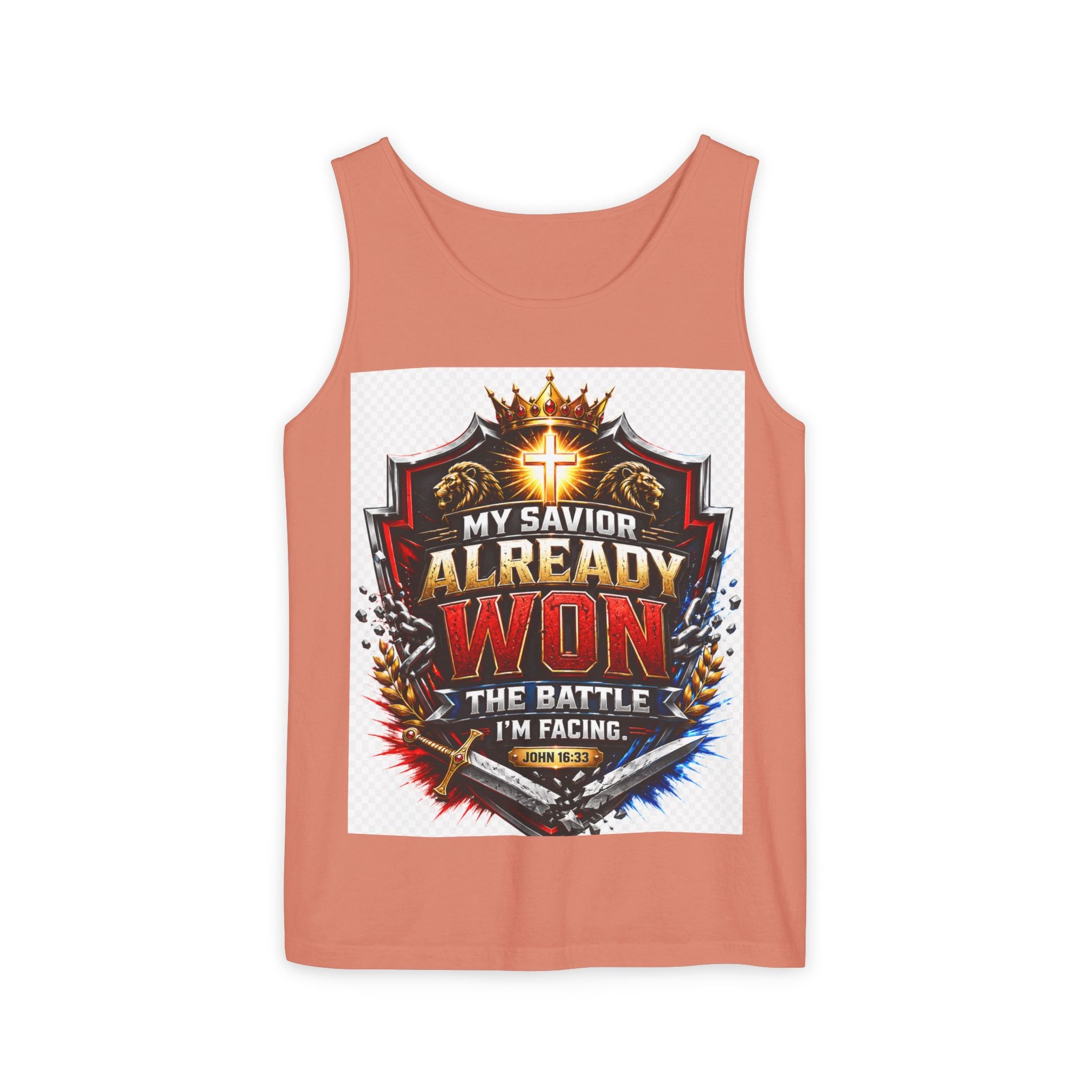 Christian Faith Tank Top — "My Savior Already Won the Battle I'm Facing" Graphic