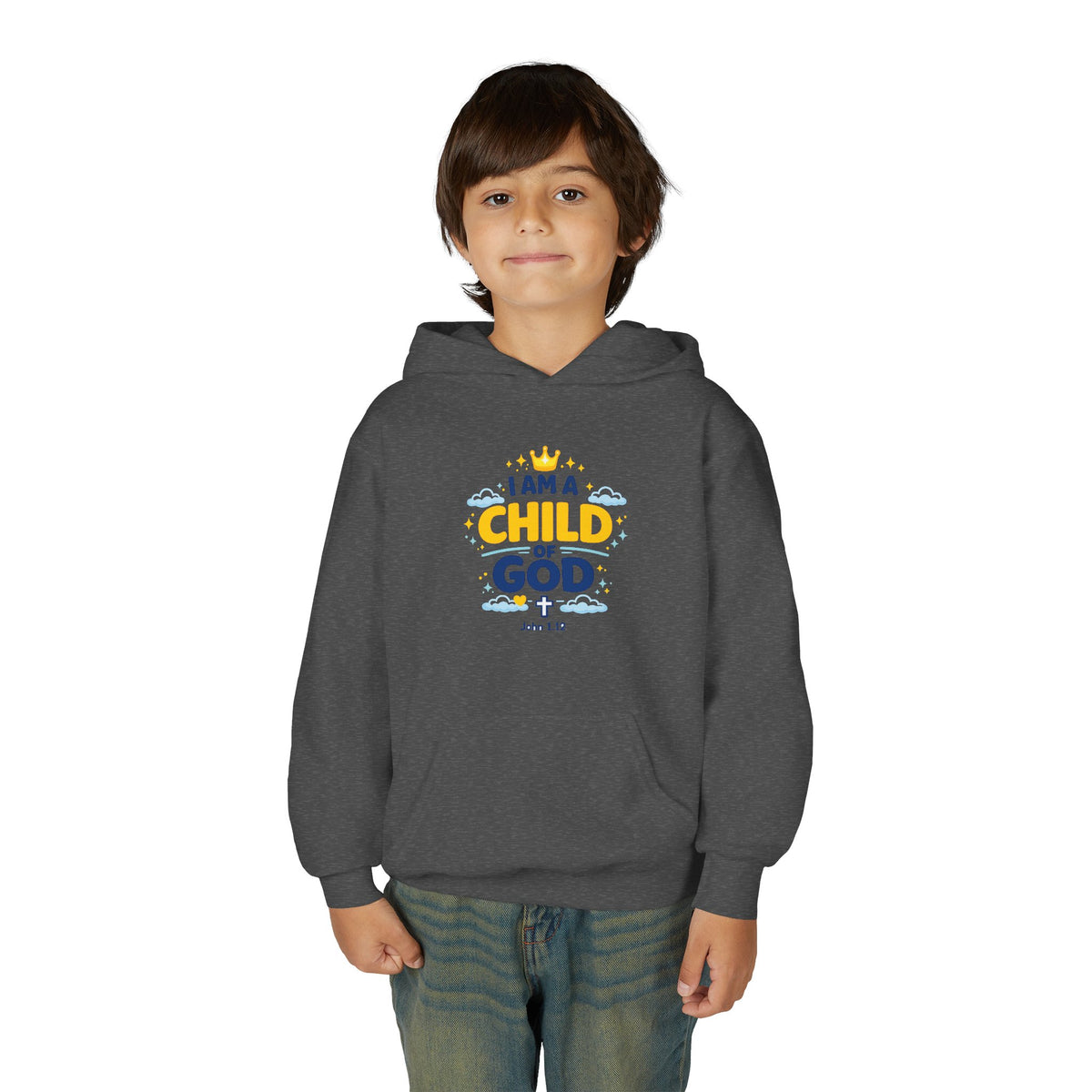 Youth Hoodie — "I Am a Child of God" Christian Kids Pullover (John 1:12)