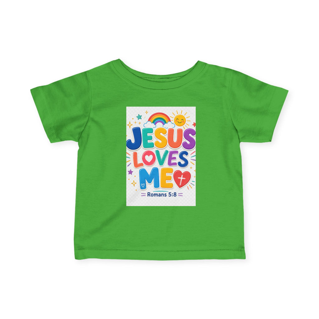 Infant Tee — "Jesus Loves Me" Colorful Christian Baby Shirt (Romans 5:8)