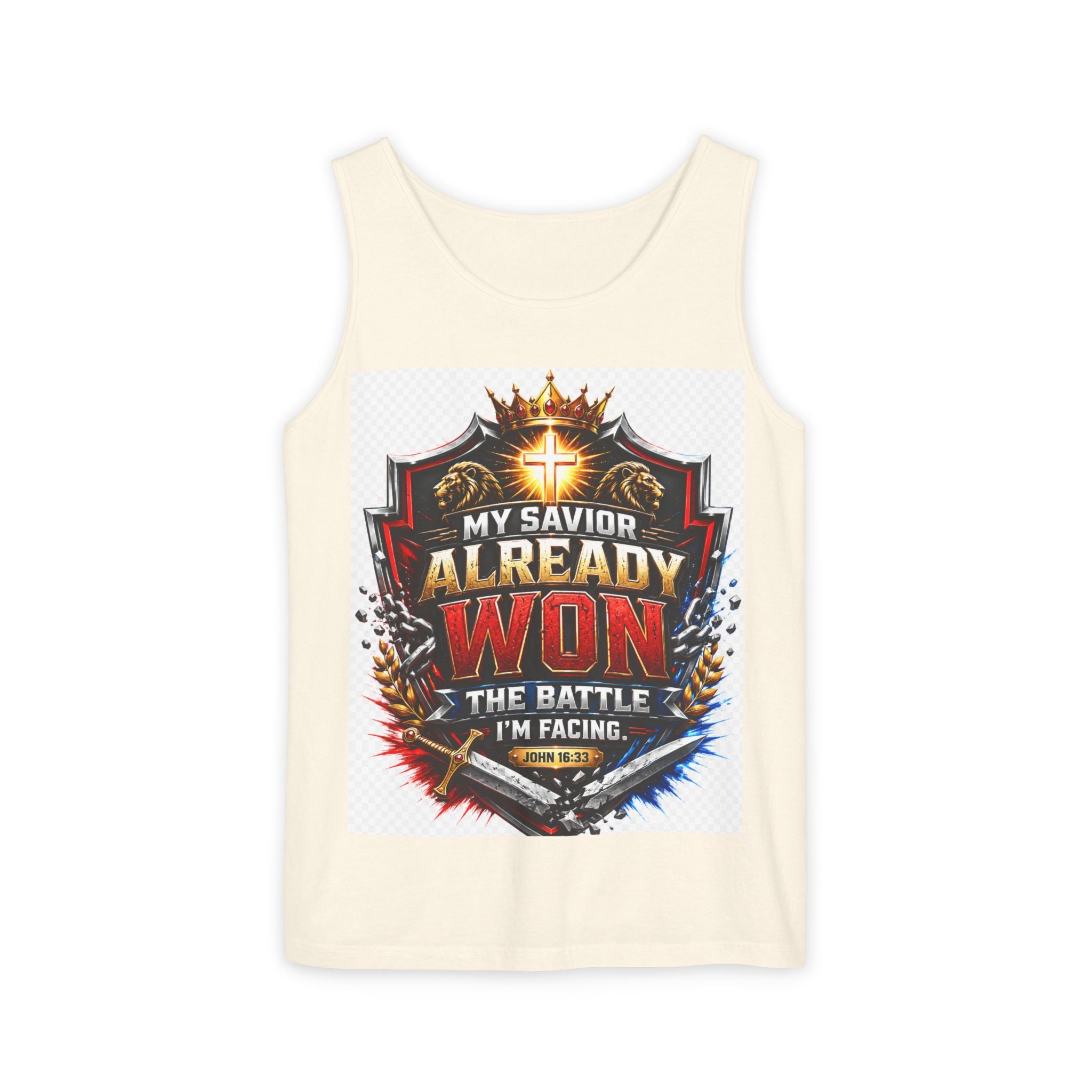 Christian Faith Tank Top — "My Savior Already Won the Battle I'm Facing" Graphic