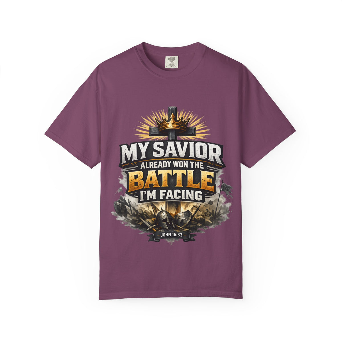 Christian Faith T-Shirt – "My Savior Already Won the Battle I'm Facing" Garment-Dyed Graphic Tee