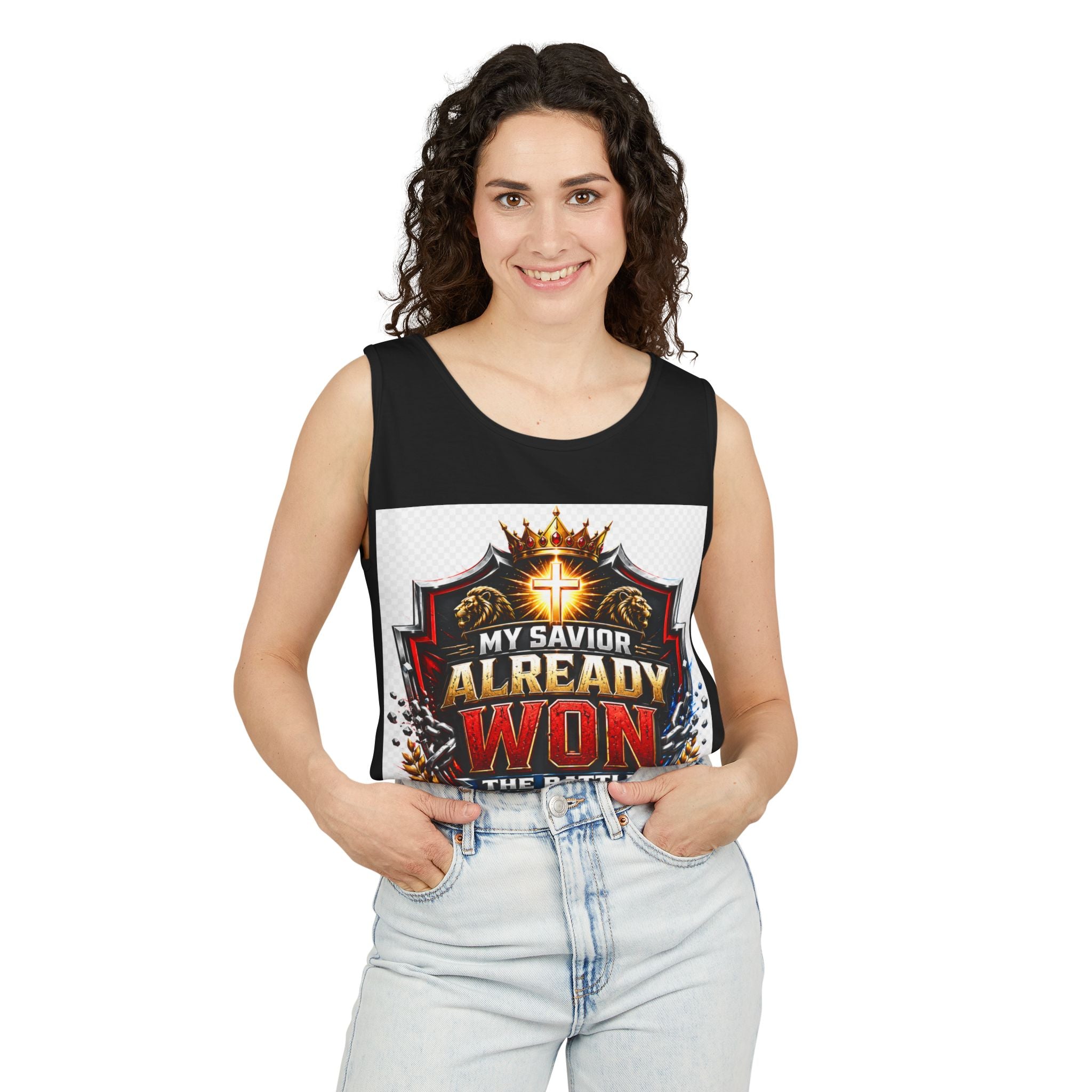 Christian Faith Tank Top — "My Savior Already Won the Battle I'm Facing" Graphic
