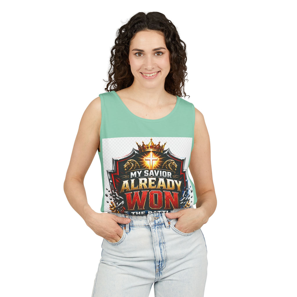 Christian Faith Tank Top — "My Savior Already Won the Battle I'm Facing" Graphic