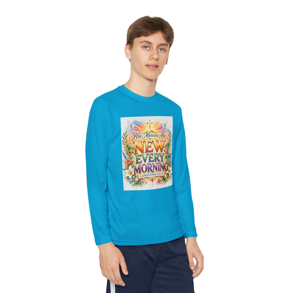 Christian Kids Long Sleeve T-Shirt – "His Mercies Are New Every Morning" Floral Inspirational Youth Tee