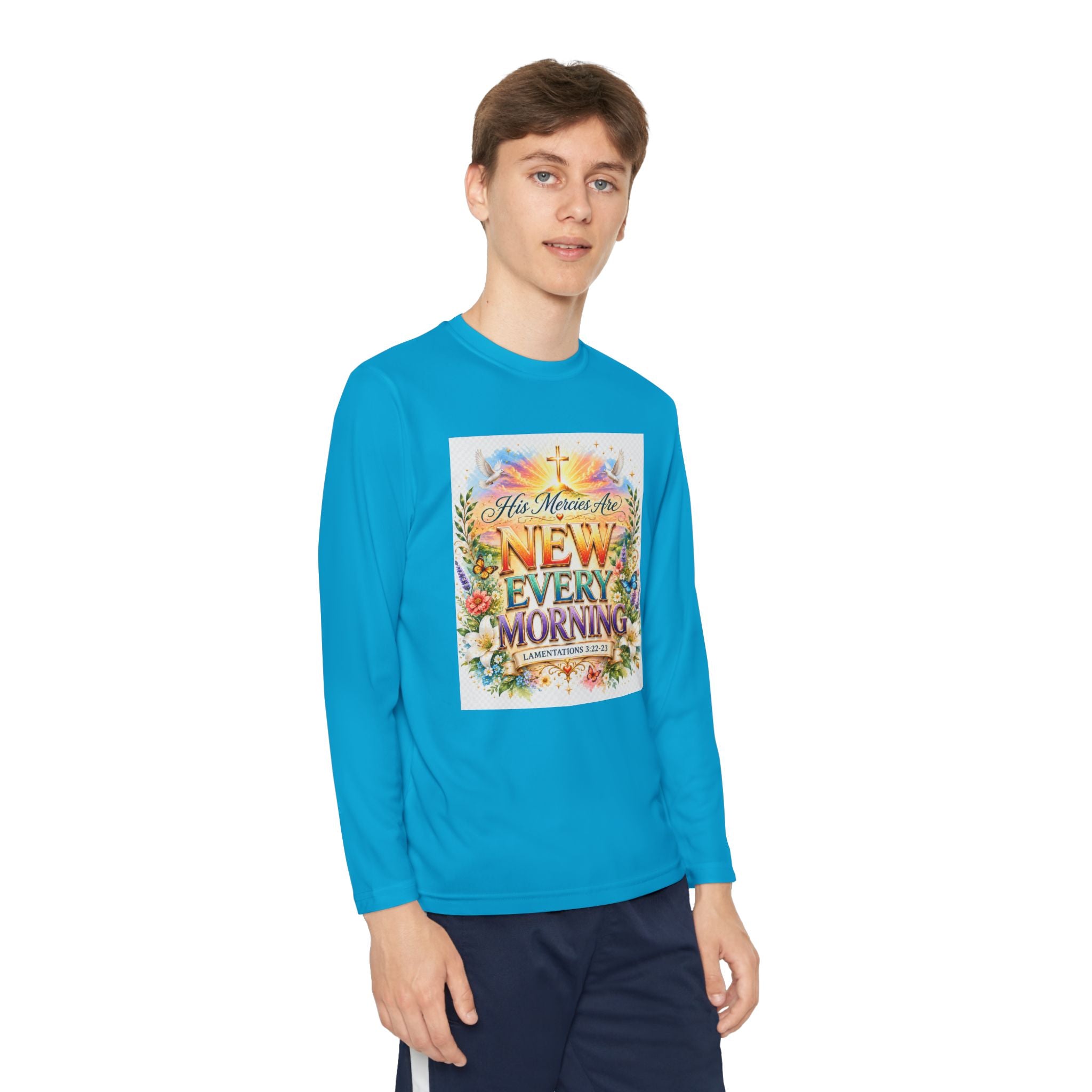 Christian Kids Long Sleeve T-Shirt – "His Mercies Are New Every Morning" Floral Inspirational Youth Tee