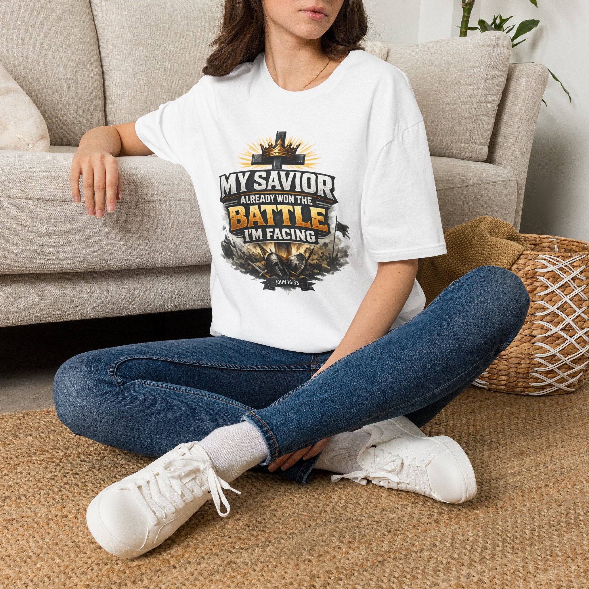 Christian Graphic T-Shirt – "My Savior Already Won the Battle I'm Facing" Faith Crest Tee
