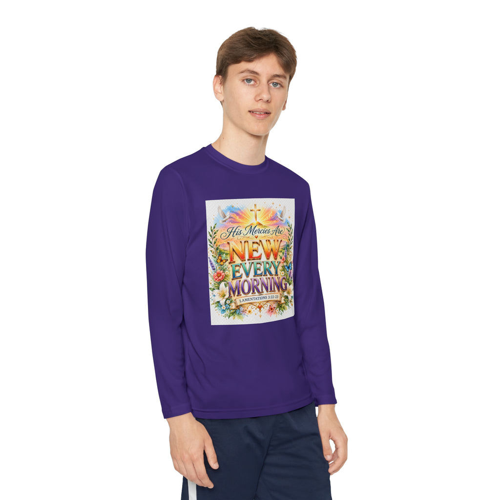Christian Kids Long Sleeve T-Shirt – "His Mercies Are New Every Morning" Floral Inspirational Youth Tee