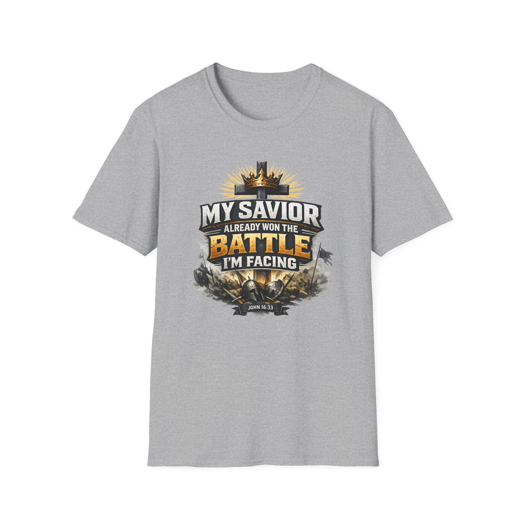 Christian Graphic T-Shirt – "My Savior Already Won the Battle I'm Facing" Faith Crest Tee