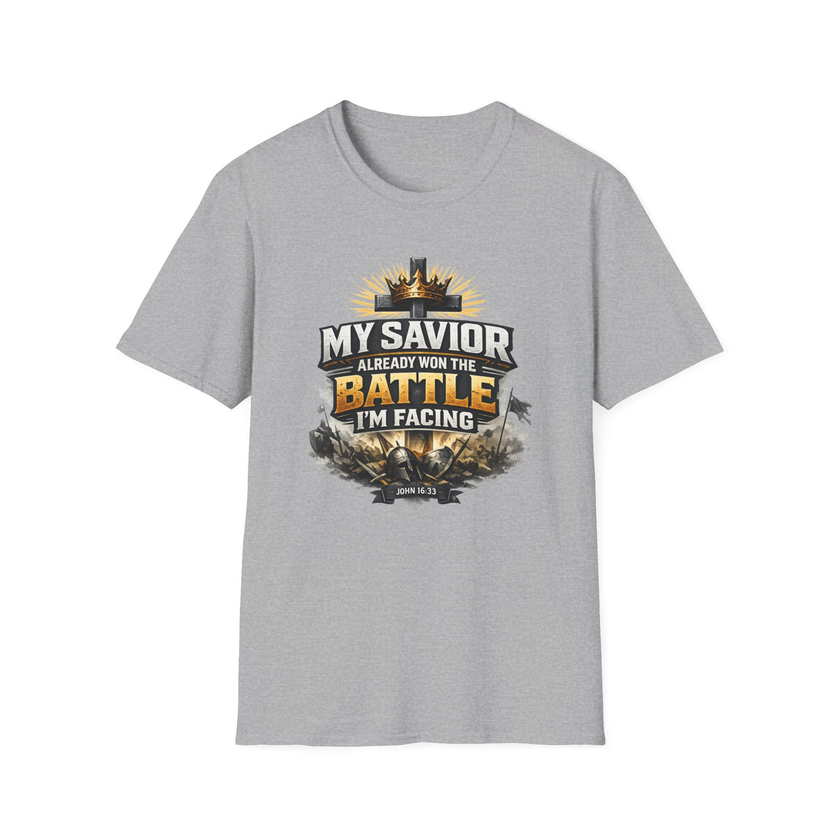 Christian Graphic T-Shirt – "My Savior Already Won the Battle I'm Facing" Faith Crest Tee