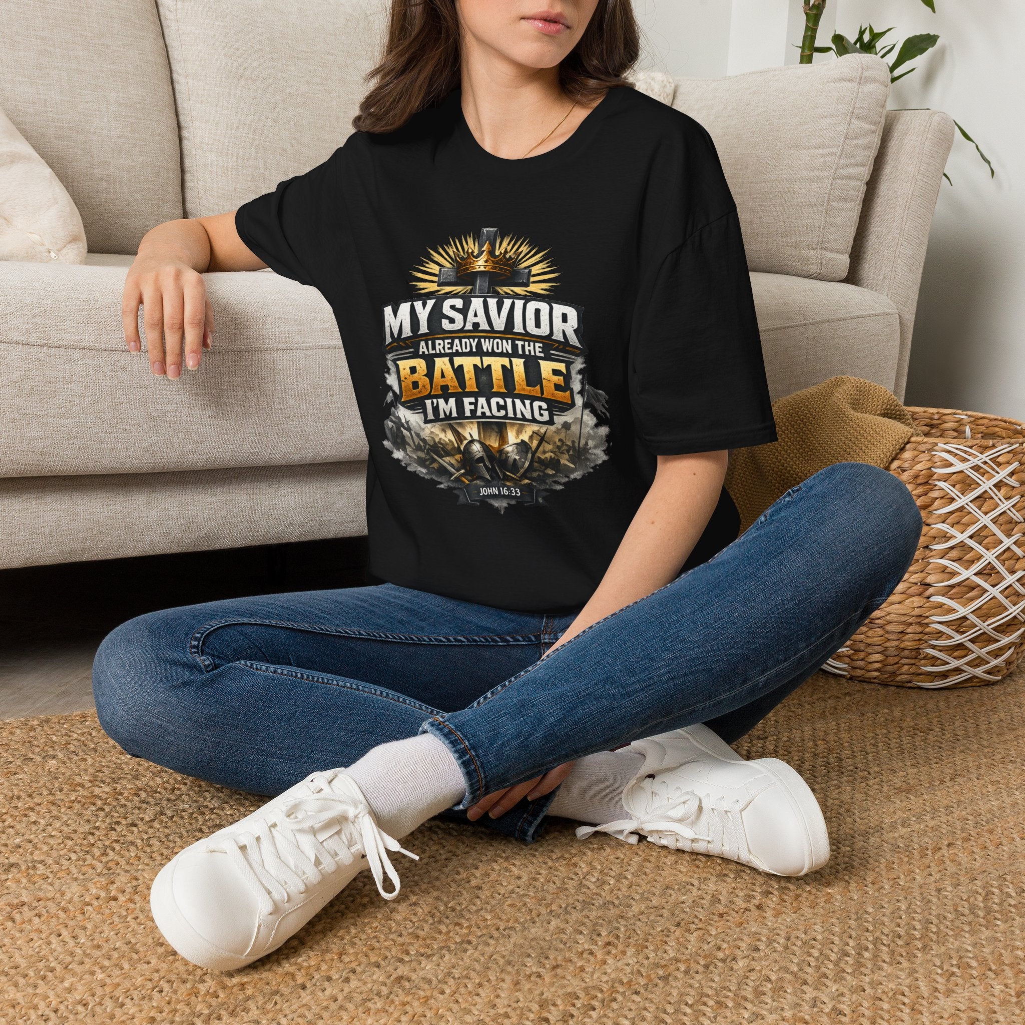 Christian Graphic T-Shirt – "My Savior Already Won the Battle I'm Facing" Faith Crest Tee