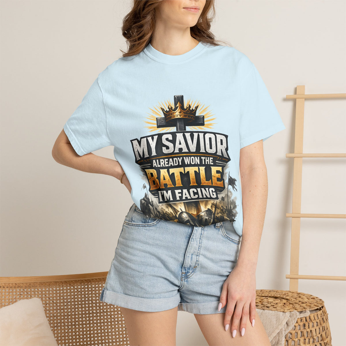 Christian Faith T-Shirt – "My Savior Already Won the Battle I'm Facing" Garment-Dyed Graphic Tee