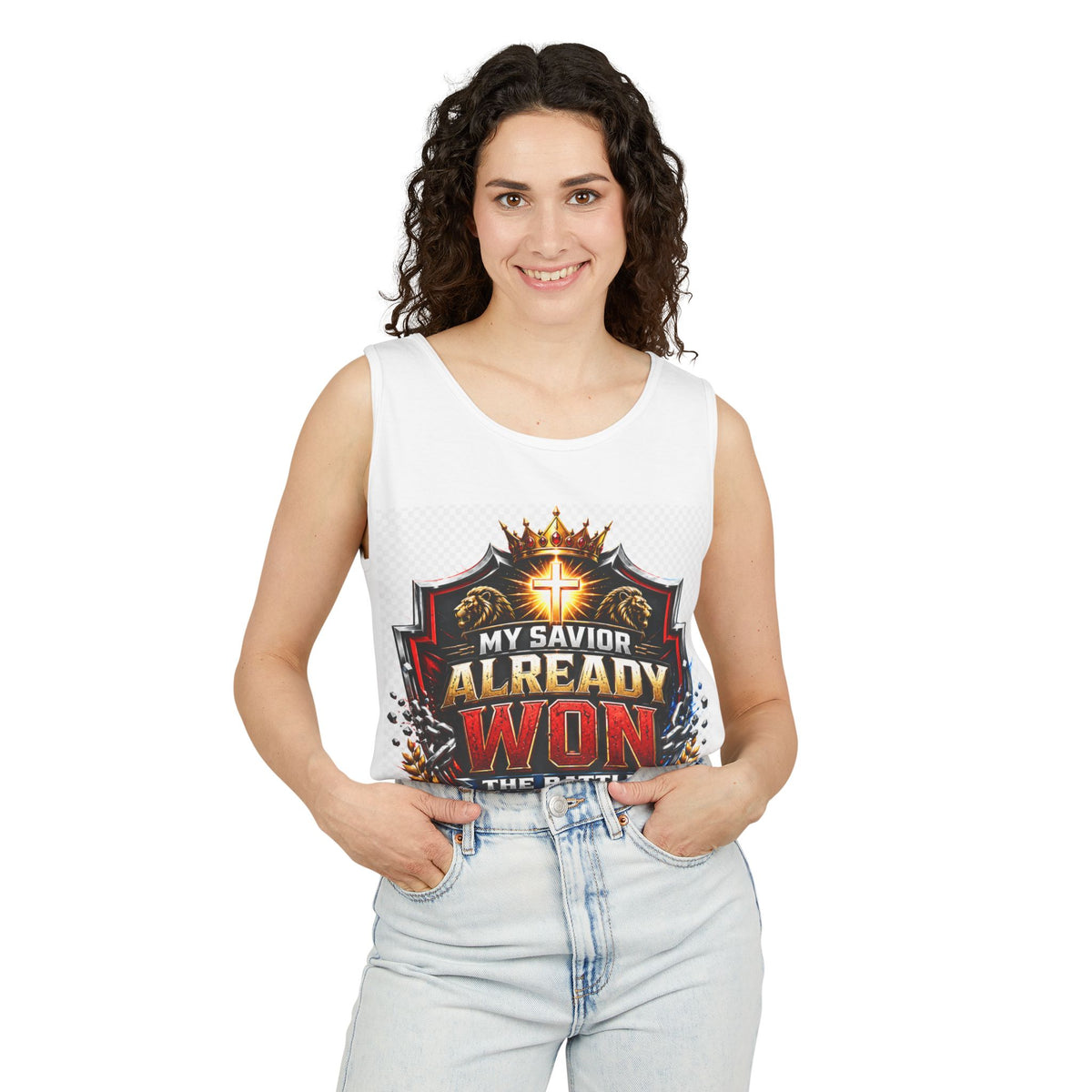 Christian Faith Tank Top — "My Savior Already Won the Battle I'm Facing" Graphic