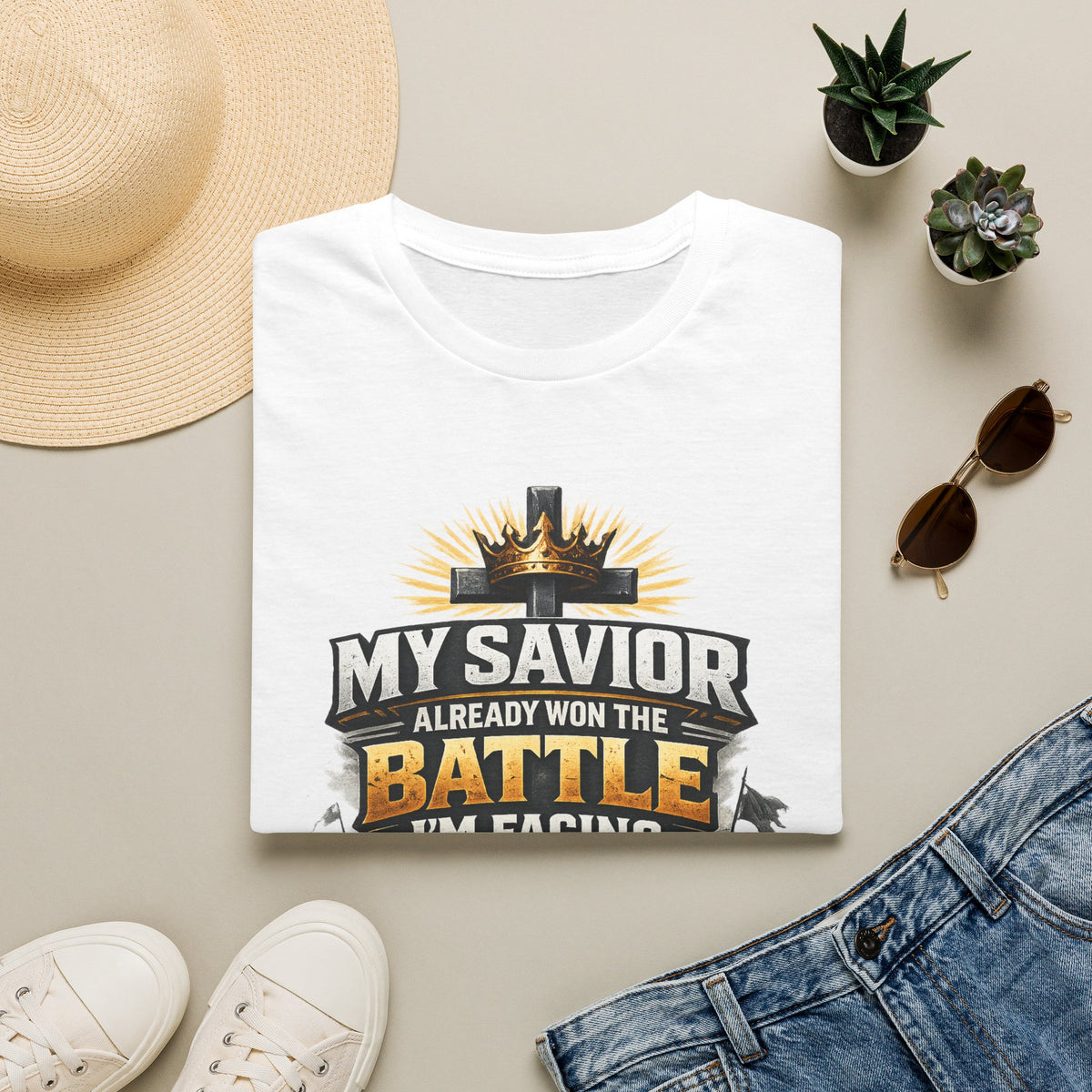 Christian Graphic T-Shirt – "My Savior Already Won the Battle I'm Facing" Faith Crest Tee