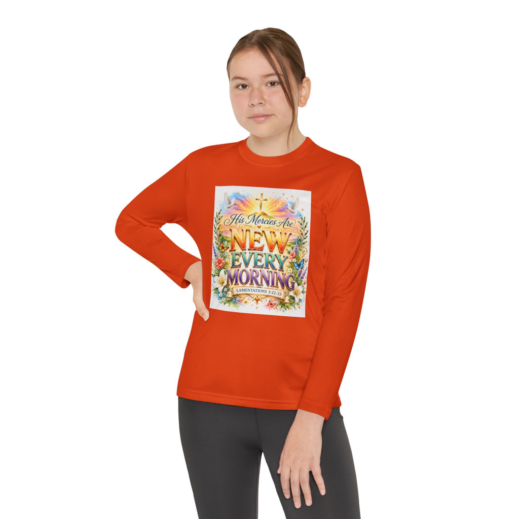 Christian Kids Long Sleeve T-Shirt – "His Mercies Are New Every Morning" Floral Inspirational Youth Tee
